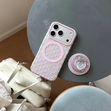 【iPhone17対応】ストロベリーミラーグリップ付きドットピンクiPhoneケース