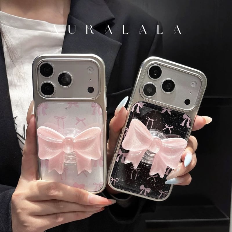 iPhone17対応】きらきら3Dリボングリップ付きリボン尽くしiPhoneケース