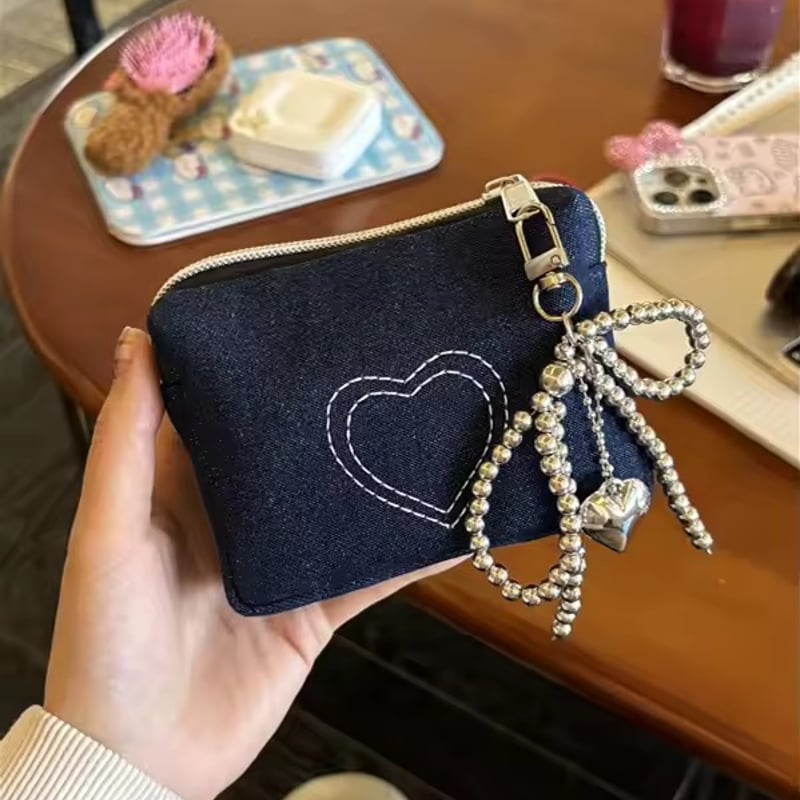 ハート刺繍デニムポーチ♥チャームセット | AURALALA | 輸入韓国雑貨