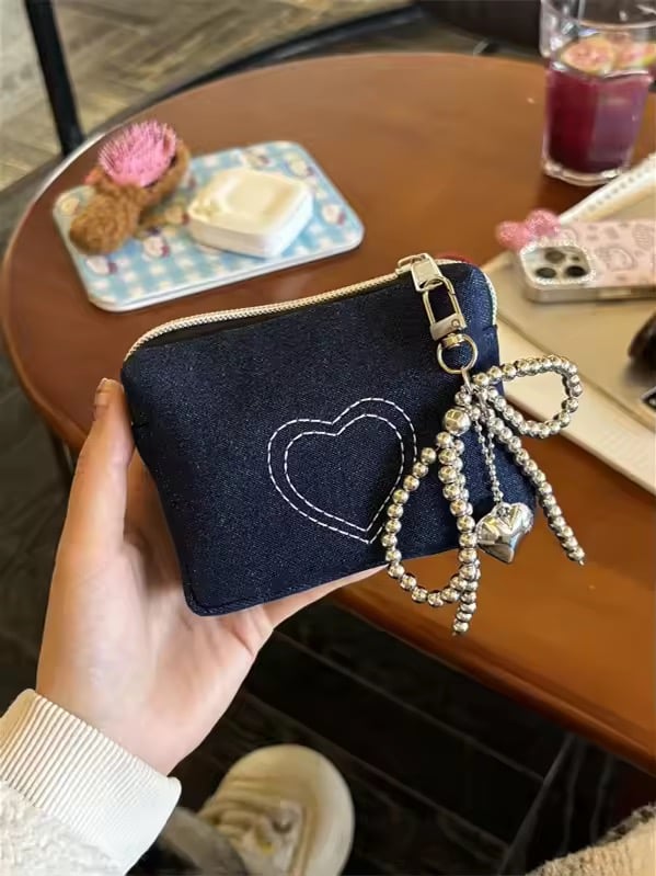 ハート刺繍デニムポーチ♥チャームセット | AURALALA | 輸入韓国雑貨