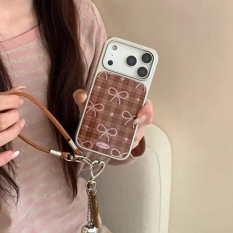 ブラウンチェック柄リボンiPhoneケース