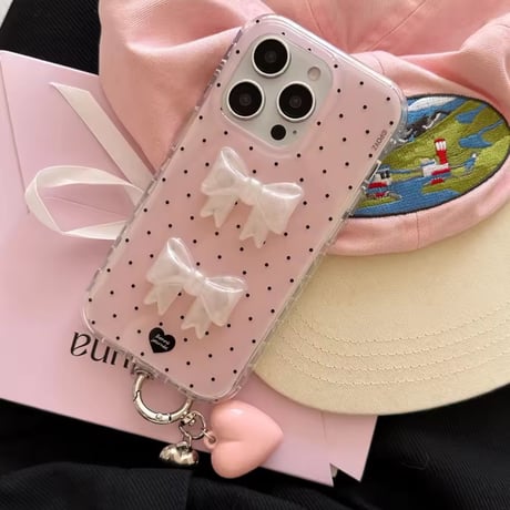 ハートチャーム付きダブル3DリボンiPhoneケース