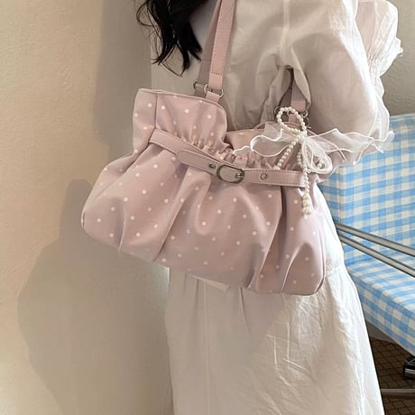 ドット柄ベルトくしゅくしゅショルダートートバッグ