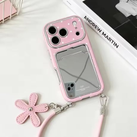 便利✨ミラーカード付きスタードットピンクiPhoneケース
