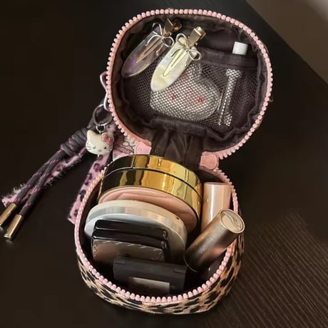 ピンク×レオパードミニバニティポーチ/化粧ポーチ