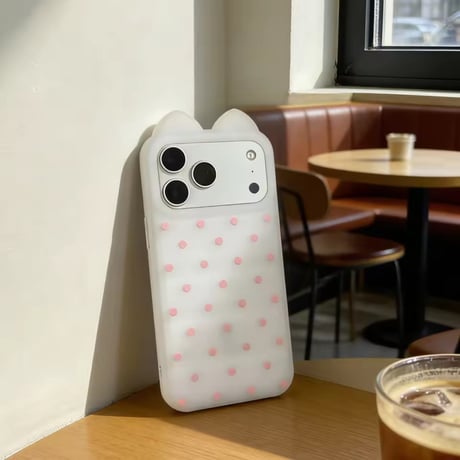 【iPhone17対応】シリコンシースルーピンクドットネコ耳iPhoneケース