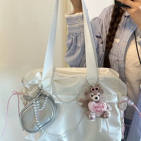 レースアップボストンバッグ🎀パールチェーン&リボンポーチセット