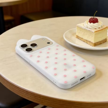 【iPhone17対応】シリコンシースルーピンクドットネコ耳iPhoneケース