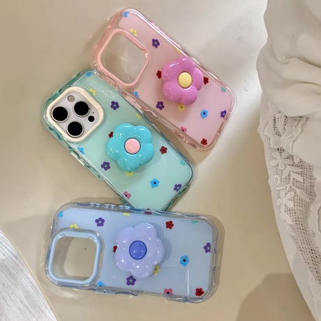ぷくぷくお花グリップ付きドットiPhoneケース