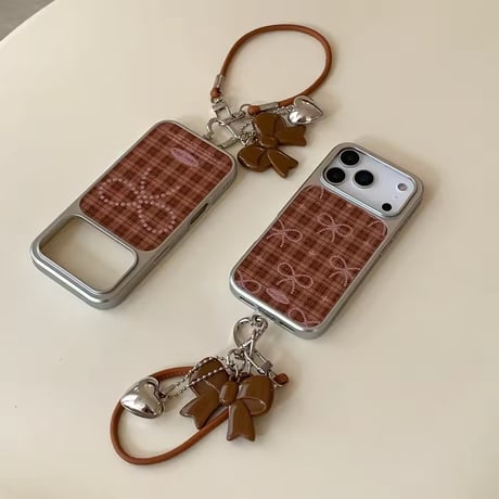 ブラウンチェック柄リボンiPhoneケース