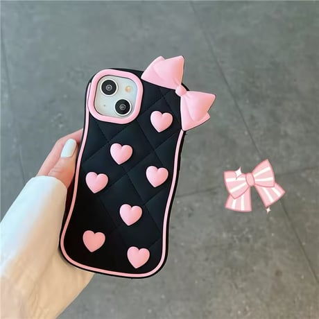 black×pink ribbo×heart♡ iPhoneケース