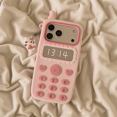 【iPhone17/17e/116e対応】平成レトロガラケー風チャーム付きピンクiPhoneケース