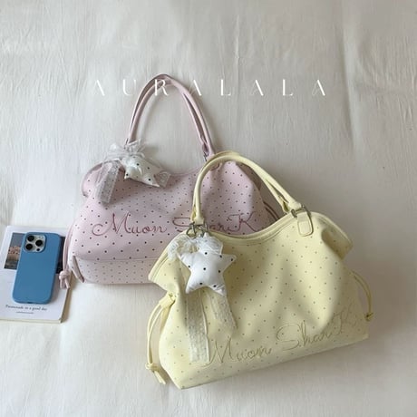 ドット柄レタリング刺繍トートバッグ/PCバッグ/通学バッグ/通勤バッグ