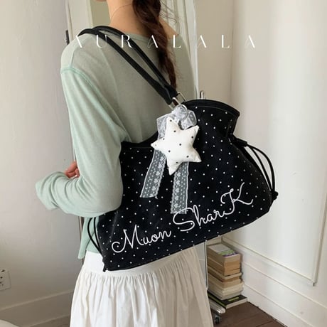 ドット柄レタリング刺繍トートバッグ/PCバッグ/通学バッグ/通勤バッグ