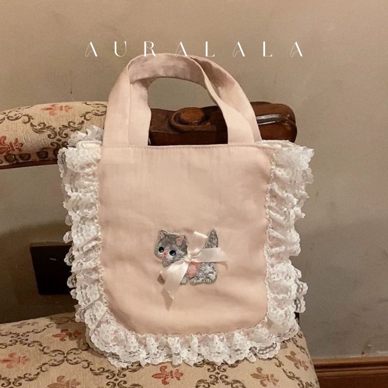 韓国ハンドメイド♡ねこちゃま刺繍フリルトートバッグ(=^・^=)シュシュ