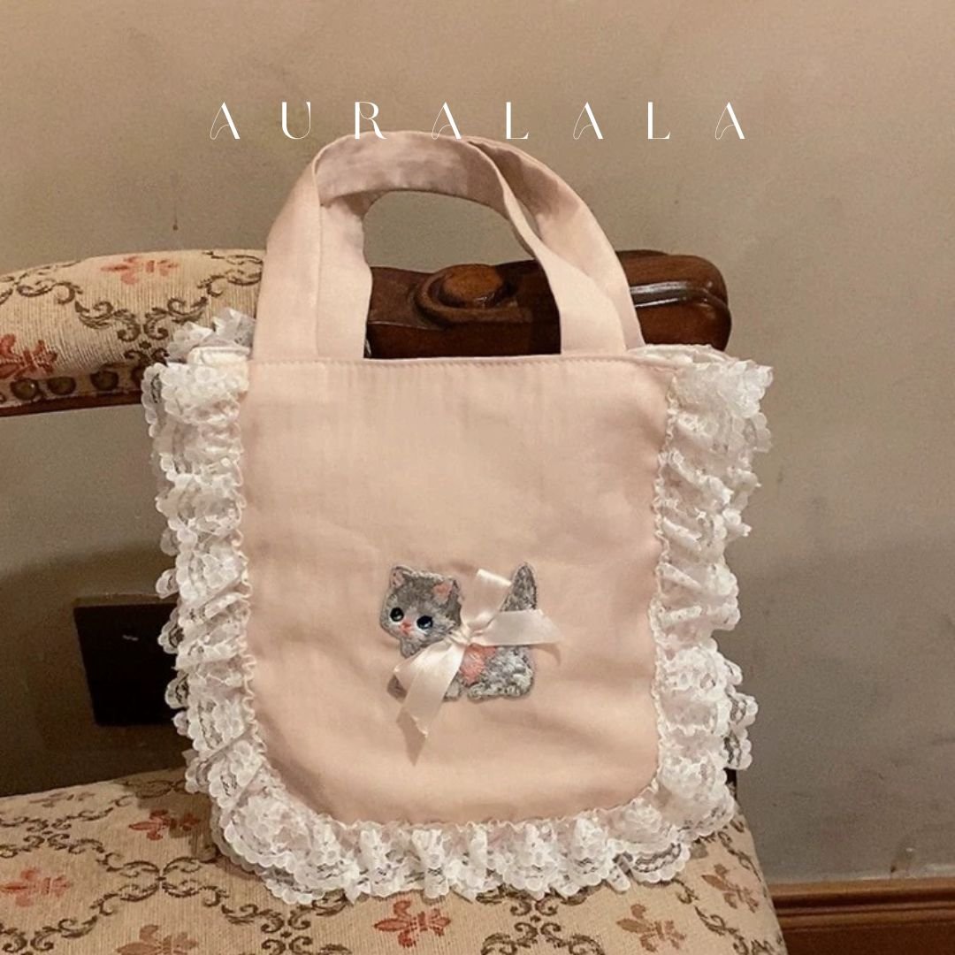 韓国ハンドメイド♡ねこちゃま刺繍フリルトートバッグ(=^・^=)シュシュ