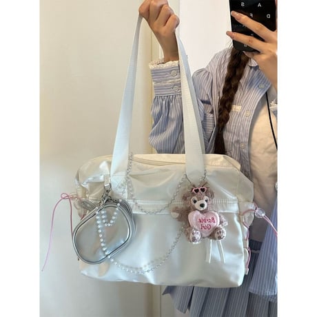 レースアップボストンバッグ🎀パールチェーン&リボンポーチセット