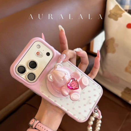 【iPhone17対応】3Dくまさんハートビジュー💗ドットiPhoneケース