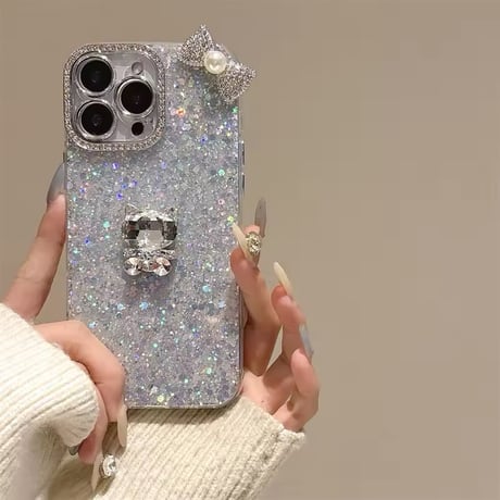 オールキラキラネコちゃんシルエットリボン付きiPhoneケース