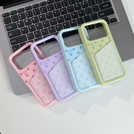 韓国人気✨シリコンポケット付きドットマカロンカラーiPhoneケース