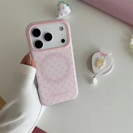 【iPhone17対応】生クリーム絞りグリップピンクドットiPhoneケース