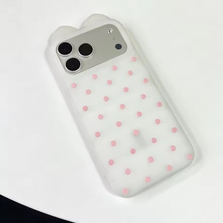 【iPhone17対応】シリコンシースルーピンクドットネコ耳iPhoneケース