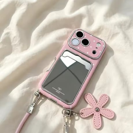 便利✨ミラーカード付きスタードットピンクiPhoneケース