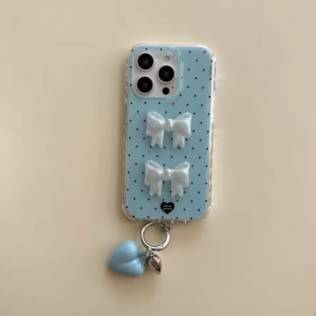 ハートチャーム付きダブル3DリボンiPhoneケース