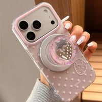 【iPhone17対応】ストロベリーミラーグリップ付きドットピンクiPhoneケース