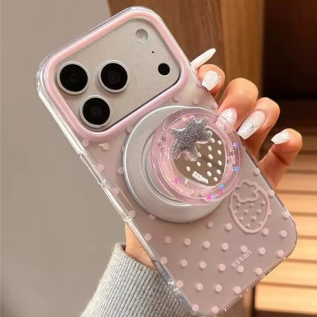 【iPhone17対応】ストロベリーミラーグリップ付きドットピンクiPhoneケース