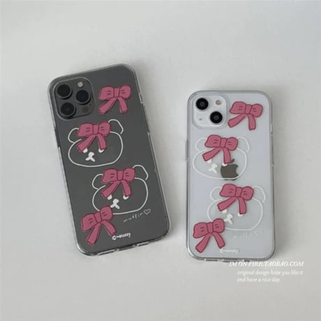 【iPhone17対応】手書き風韓国ベア🐻リボン🎀iPhoneケース