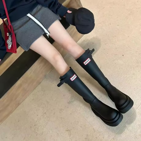 厚底フロントロゴポイントレインブーツ風ロングブーツ