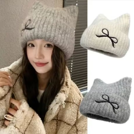 ネコ耳風リボン刺繍付きニット帽