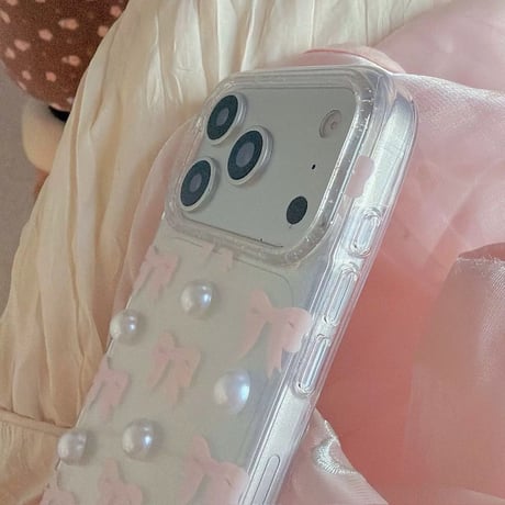 【iPhone17対応】パールリボンチャームストラップ付iPhoneケース