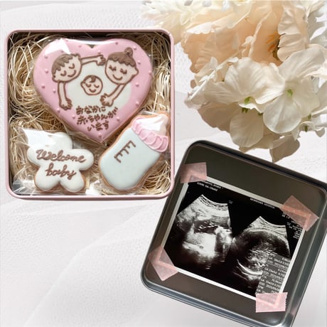 💐完成品〈賞味期限4/30〉💐妊娠報告サプライズクッキー缶【パパ入りデザイン】