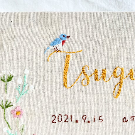 ネームボード／bird＆flower／手刺繍 命名書／オーダーメイド／バースボード