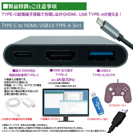 USB-TYPE-C  IPhone15・16・17対応 3in1 HDMI 4K@30Hz PD100W 充電 USB3.0 TYPE-A  アダプタ エスエスエーサービス SU3-TC10DUP