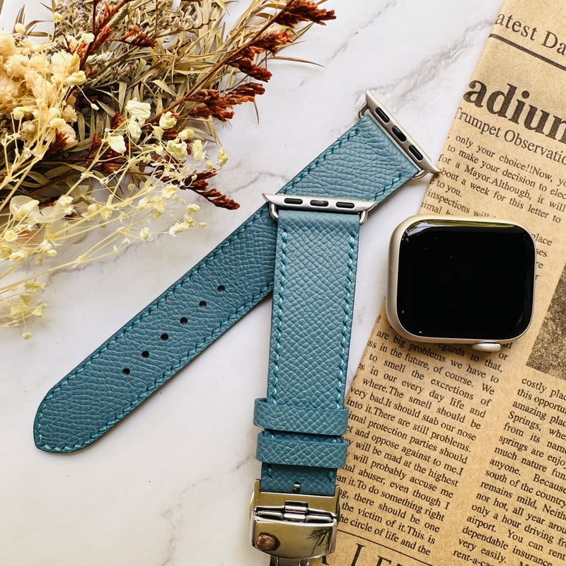 おしゃれでシンプルなアップルウォッチレザーベルト ジーンブルー