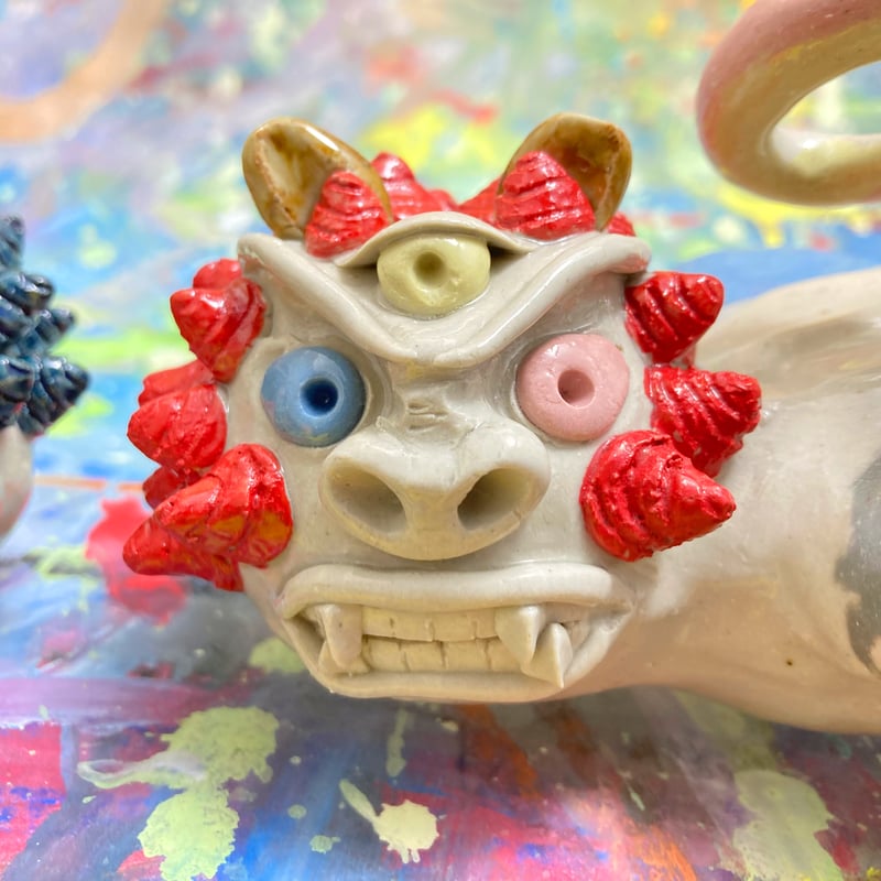 カラークレイシーサー（赤青）CS002 | machi.pottery