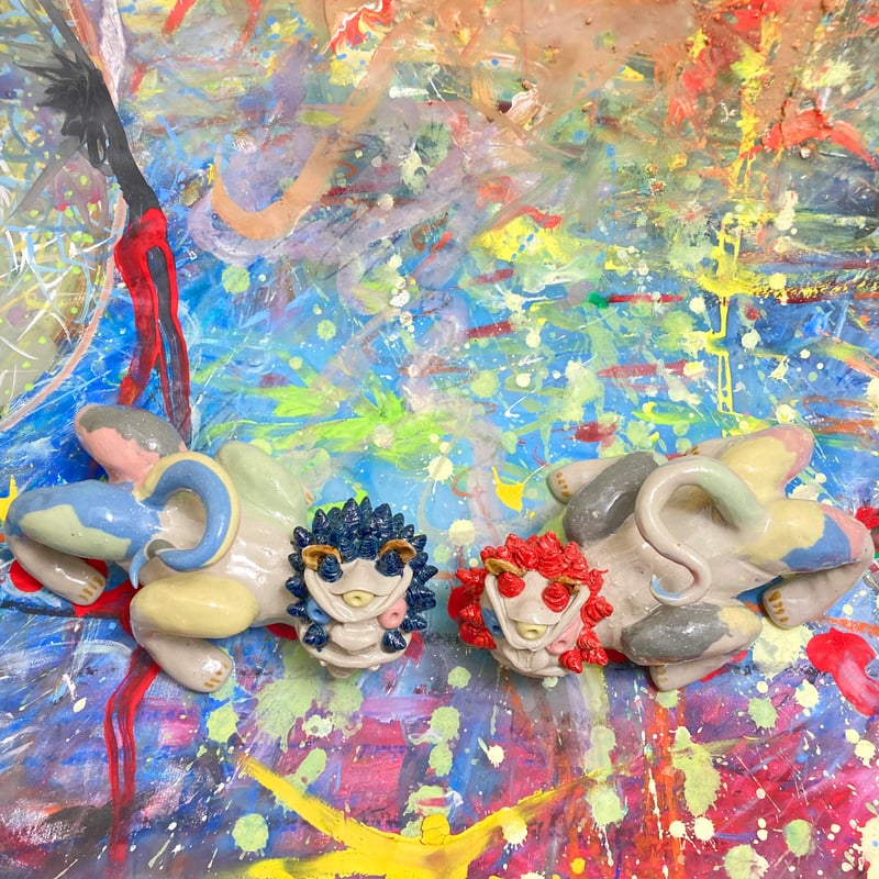 カラークレイシーサー（赤青）CS001 | machi.pottery