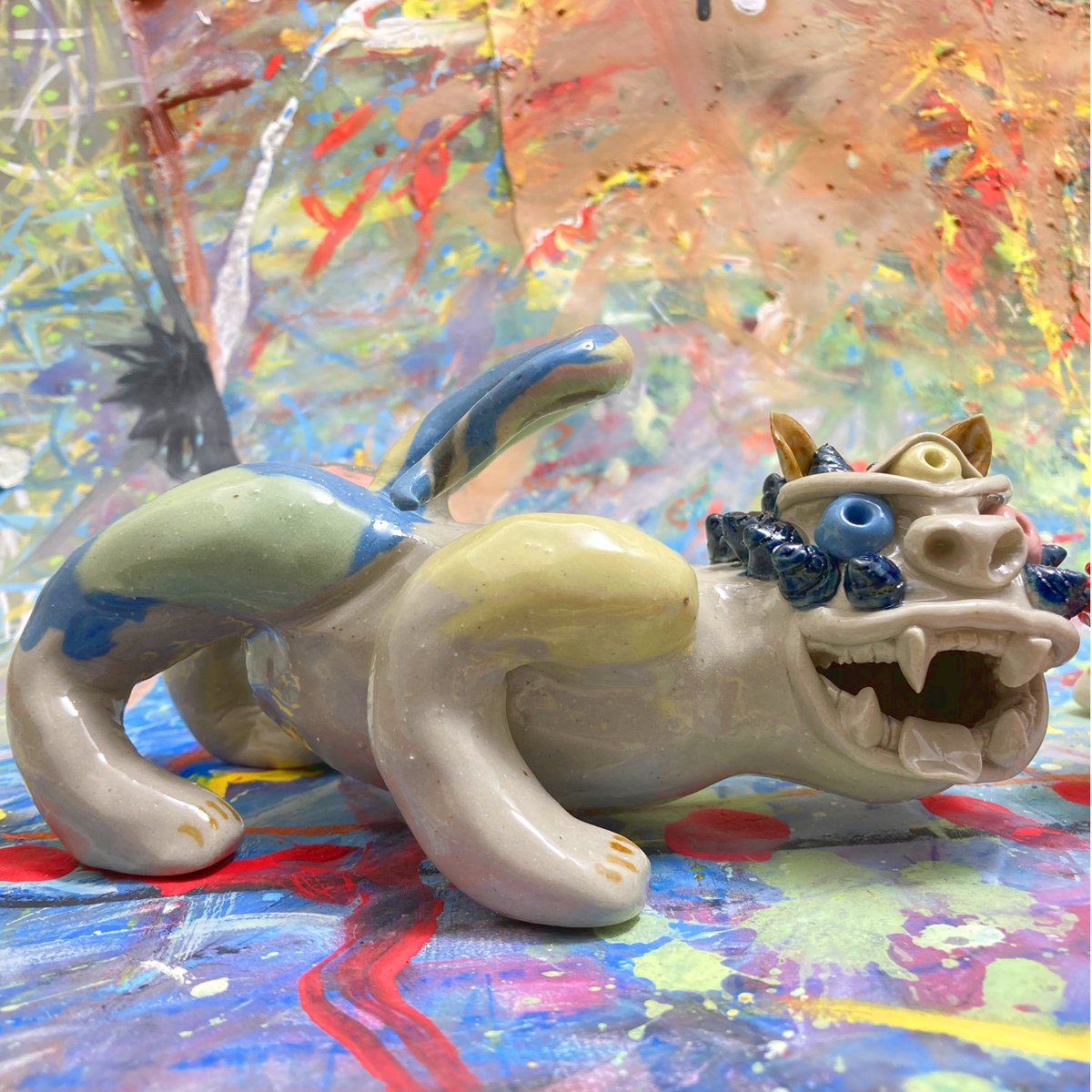 カラークレイシーサー（赤青）CS001 | machi.pottery