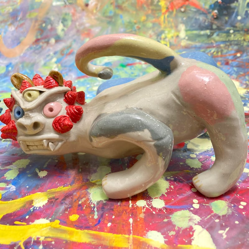 カラークレイシーサー（赤青）CS002 | machi.pottery