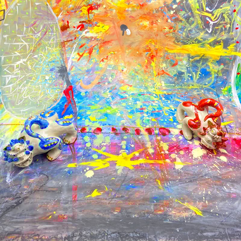 赤絵シーサー（赤青）AS004 | machi.pottery