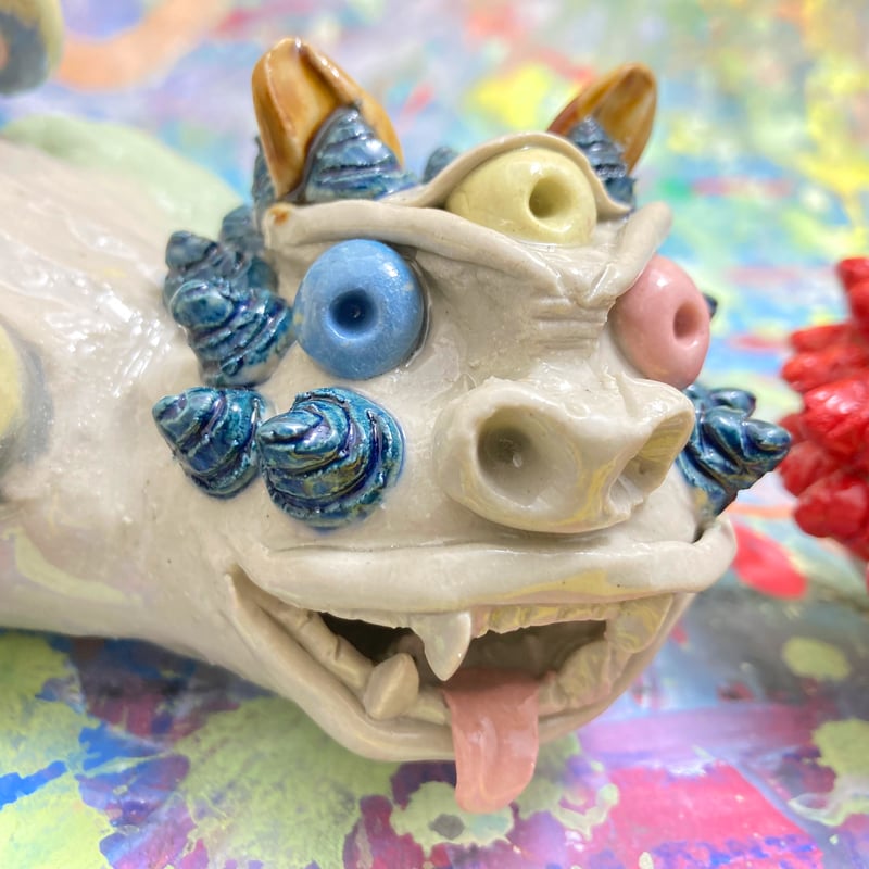 カラークレイシーサー（赤青）CS002 | machi.pottery