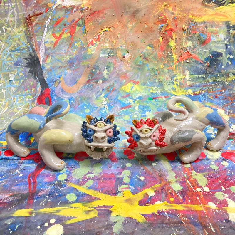 カラークレイシーサー（赤青）CS001 | machi.pottery