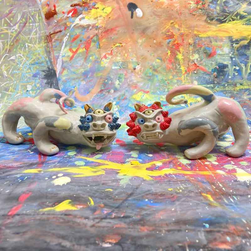 カラークレイシーサー（赤青）CS002 | machi.pottery