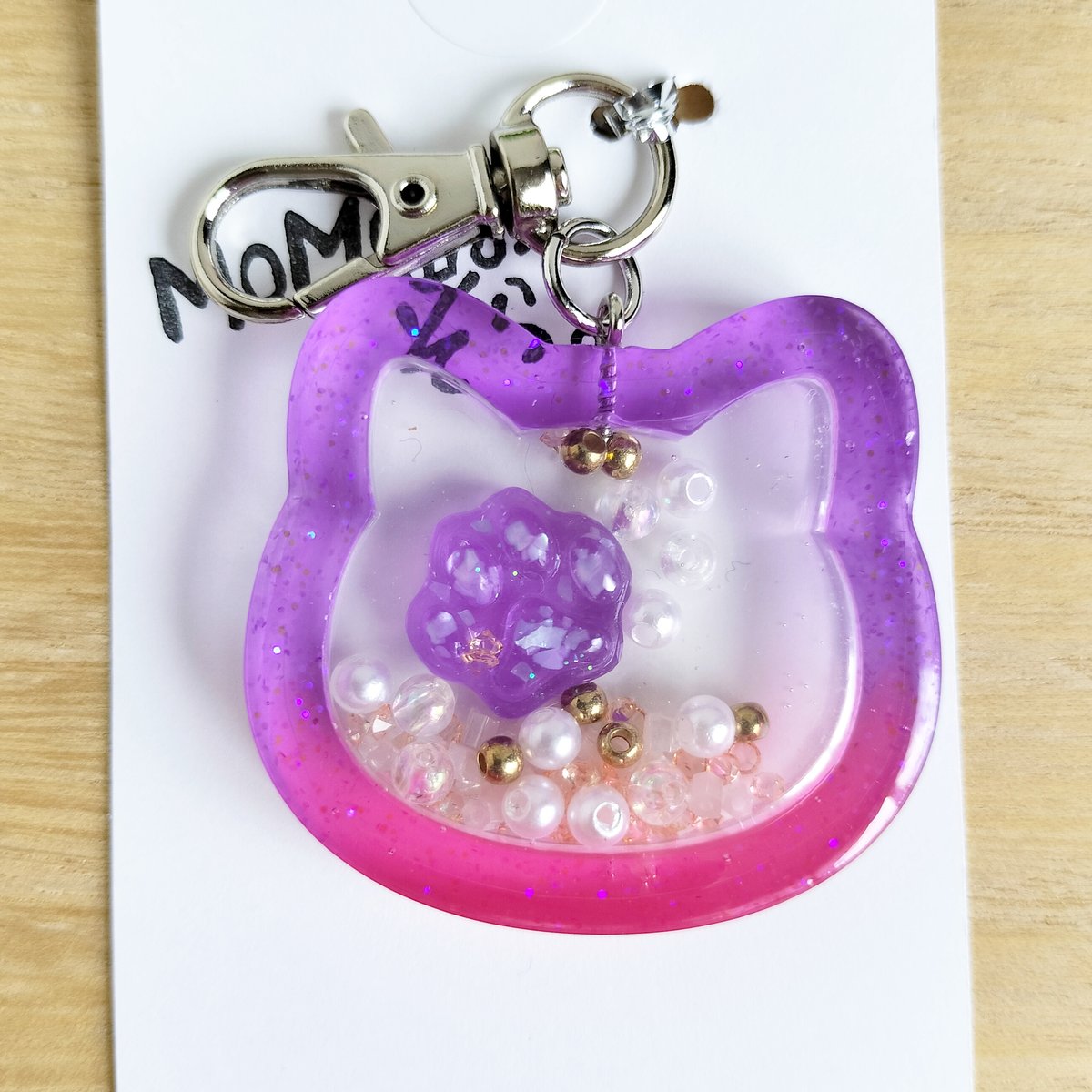 レジン＊シャカシャカキーホルダー／ネコ(小・紫×ピンク