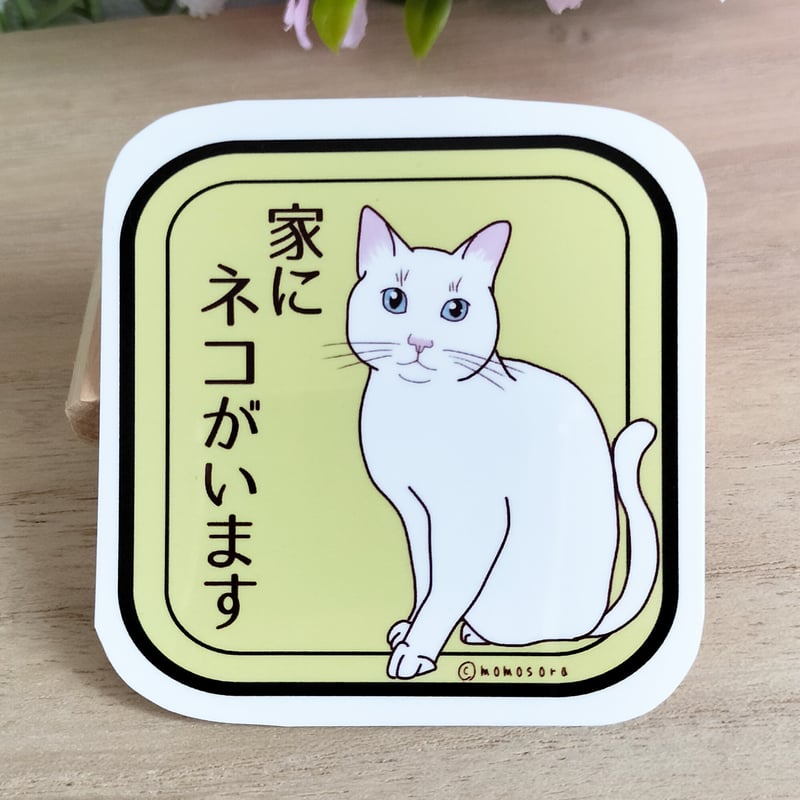 ネコステッカー＊「家にネコがいます」(白猫) | MoMo色の、そら