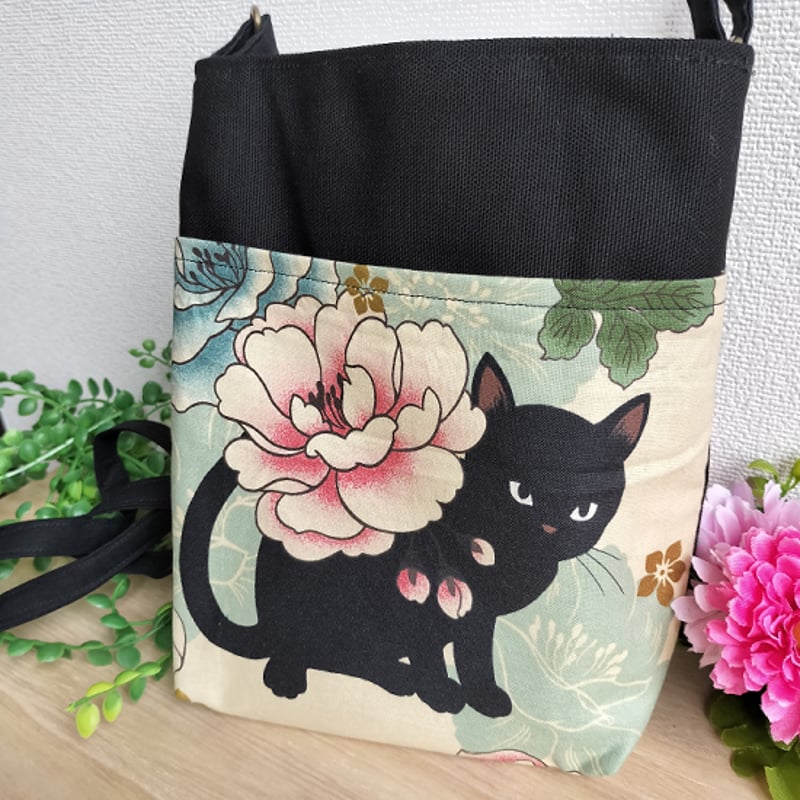 ミニショルダーバッグ(和柄・黒猫・水色) | MoMo色の、そら