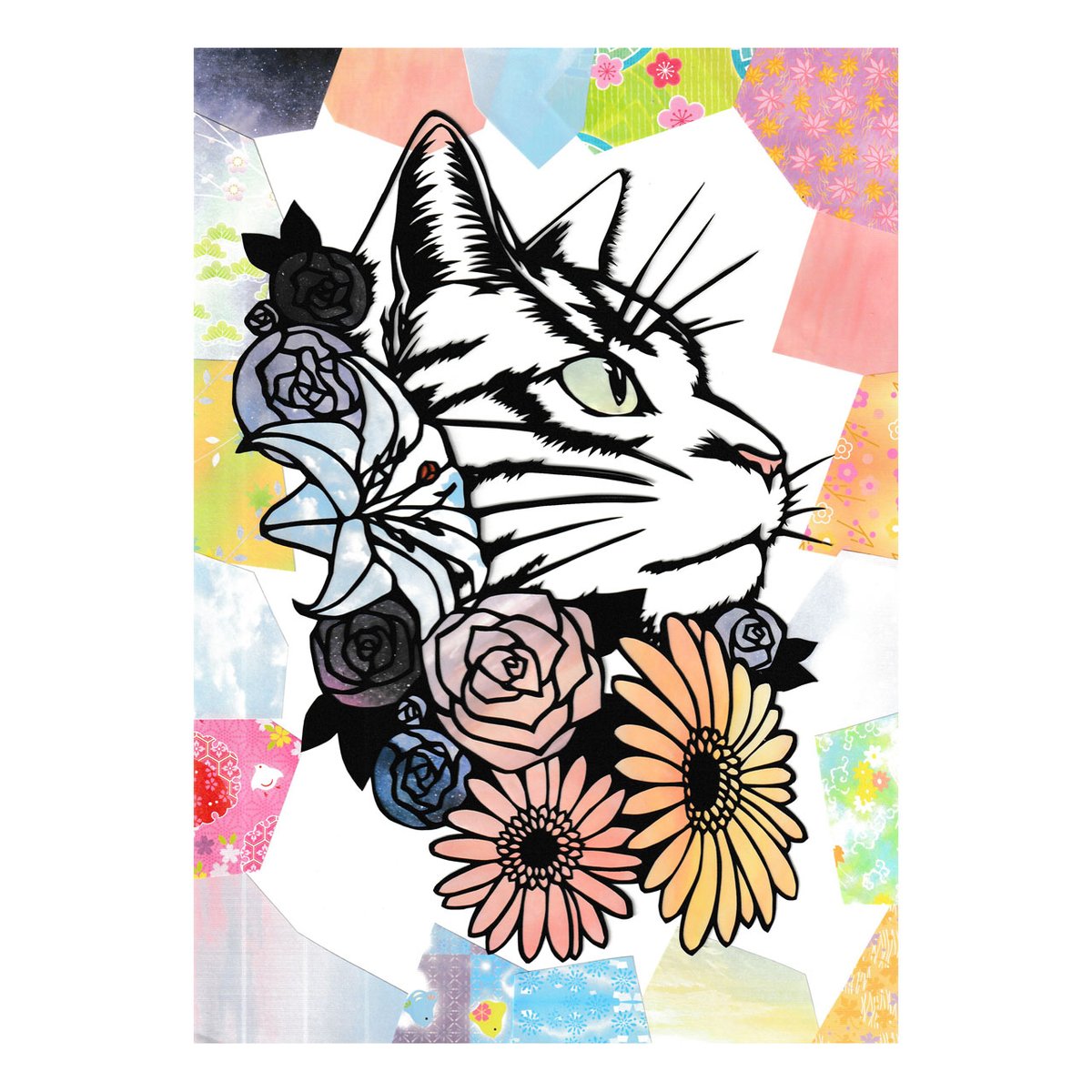 切り絵の一閑張り「猫」 切り絵の一閑張り「強面の猫」 切り絵 猫ちゃんシルエット(草花模様